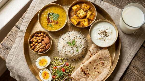 Protein rich Indian thali for pregnancy with dal, paneer, curd, eggs, sprouts, nuts and roti