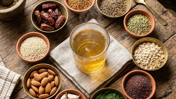 Indian foods to increase breast milk — methi, jeera, oats, moringa and dry fruits on a kitchen table