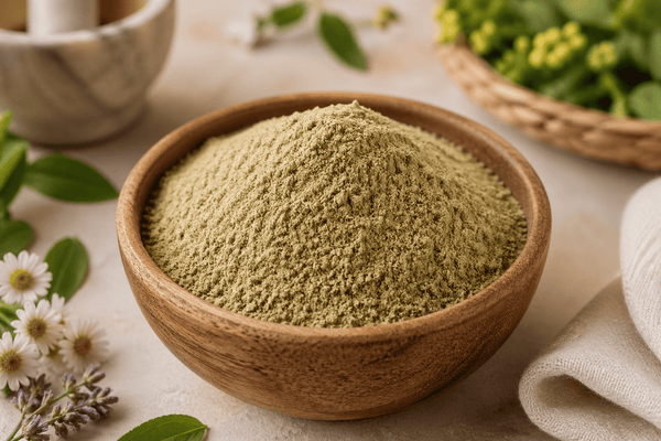 Eight nalangu maavu ingredients in small clay bowls — moong dal, gram dal, vasambu, white turmeric, fenugreek, reetha, neem leaves, vettiver