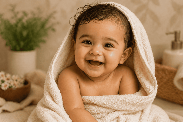 A smiling baby wrapped in a soft towel, showing healthy skin after using a natural baby bath powder.