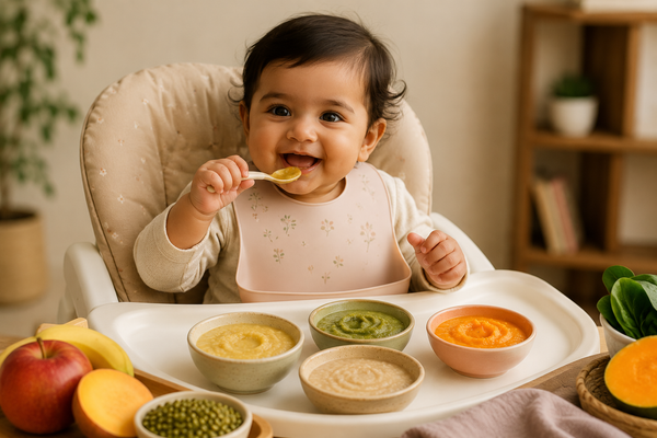 Smiling Indian baby eating calorie-dense traditional foods from a spoon for healthy, consistent weight gain.