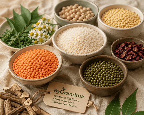 Natural ingredients for a traditional newborn baby bath powder, showing ByGrandma's commitment to safety. (1)