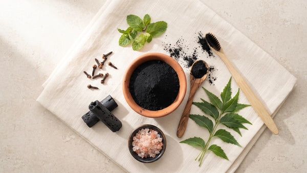 Charcoal tooth powder for teeth whitening in a clay bowl with bamboo toothbrush, neem twigs and cloves