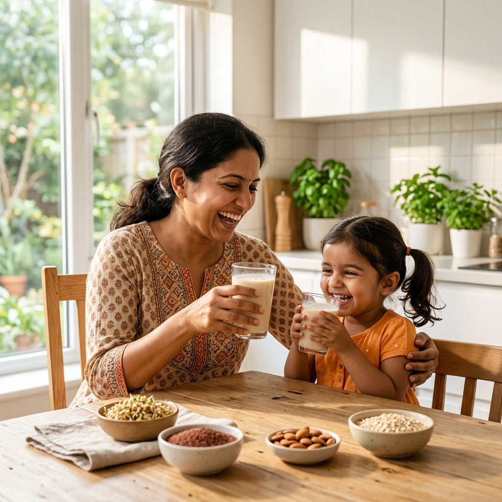 Indian mother and daughter drinking ragi malt health drinks together