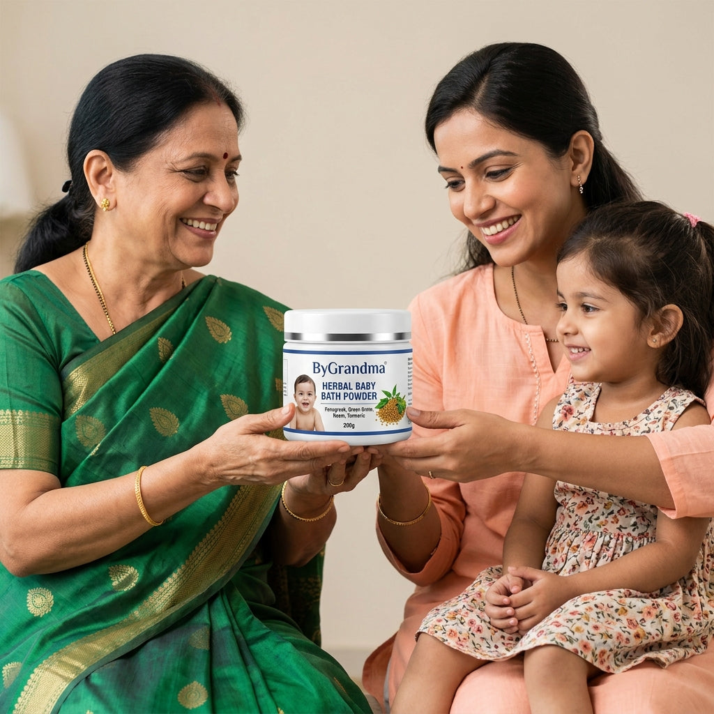 Indian grandmother, mother and granddaughter with ByGrandma herbal care for the whole family