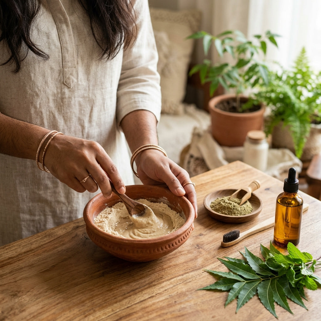 Indian woman mixing a herbal face pack with neem, herbal powder and oil