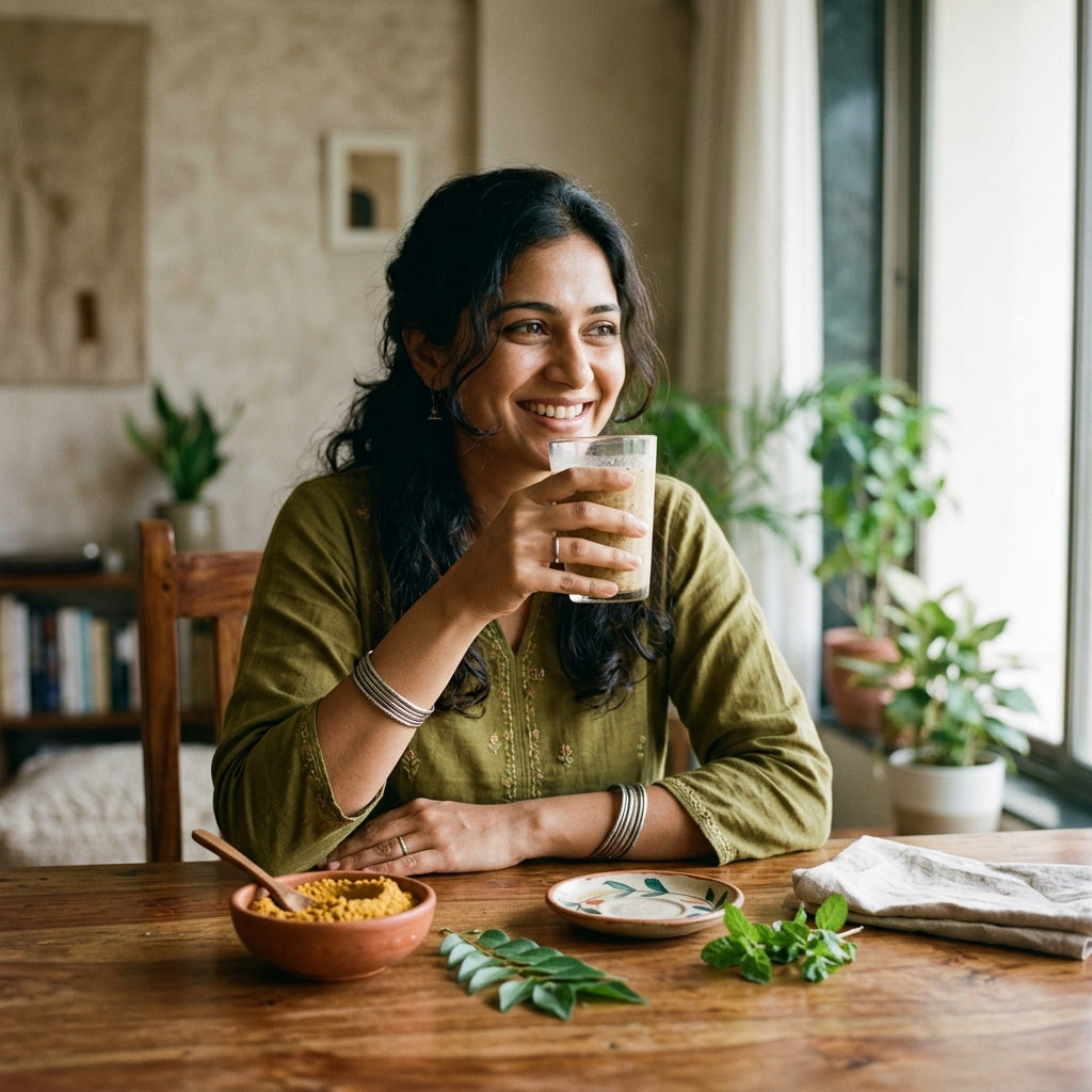 Young Indian woman enjoying a healthy sprouted-grain malt drink at home