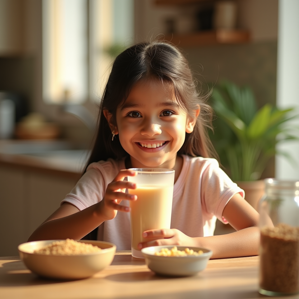 Happy young Indian girl drinking a homemade grain health drink at home